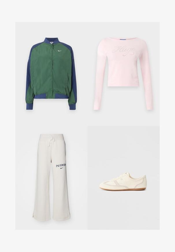 Vihreä ja tummansininen tuulitakki, jossa on kauluksellinen pääntie, nepparikiinnitys ja valkoinen Nike-swoosh-logo rinnassa. Kevyt ja sileäpintainen materiaali.; Vaaleanpunainen pitkähihaisen paita, jossa on veneenmuotoinen pääntie ja rintakehän leveydeltä strassikoristeinen "Hugo"-logo. Pehmeä puuvillakangas.; Vaaleanbeige leveät verkkahousut, joissa on joustava vyötärö, nauhakuja, sivuaukot ja tummansinisellä kirjailtu "NIKE" -logo.; Kermansävyiset tennarit, joissa mokkanahka- ja kangaspäällinen, pyöreä kärki ja kumipohja beigeillä koristeyksityiskohdilla. Nauhallinen malli.