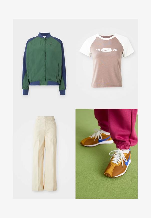 Zelená a námornícka vetrovka s golierovým výstrihom, zapínaním na cvoky a bielym logom Nike Swoosh na prsiach. Ľahká, hladká textúra.; Tričko s krátkym rukávom s svetlohnedým telom a bielymi raglánovými rukávmi, s veľkým bielym grafickým logom a rokom "1972" umiestneným v strede na prednej strane.; Béžové nohavice s širokými nohavicami a vysokým pásom, vyrobené z hladkej látky a s pekne prešitou prednou záhybom, na jednoduchom bielom pozadí.; Hnedé a modré tenisky s kombináciou sieťoviny a semišu, s bielymi šnúrkami a textúrovanou hnedou podrážkou, umiestnené na zelenej podlahe.