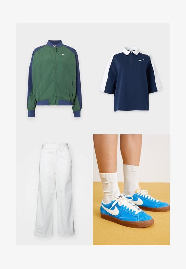 Zelená a námornícka vetrovka s golierovým výstrihom, zapínaním na cvoky a bielym logom Nike Swoosh na prsiach. Ľahká, hladká textúra.; Krátky rukáv polo tričko v námorníckej modrej a bielej farbe s bielym golierom, predným polozipsom a malým logom Nike na ľavej strane hrudníka.; Biele široké nohavice vyrobené z bavlny, s hladkým povrchom, rovnou siluetou, prednými vreckami a čistým lemom.; Modré semišové tenisky Nike s bielymi akcentmi, plochými šnúrkami a hnedými gumovými podrážkami, doplnené o rebrové biele ponožky.