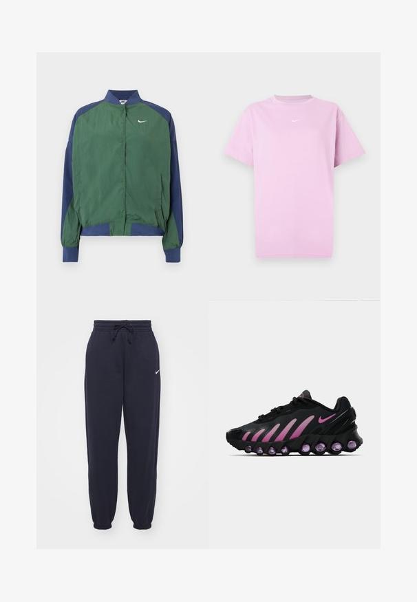 Grøn og marineblå vindtæt jakke med krave, trykknapslukning og hvid Nike swoosh-logo på brystet. Letvægt og glat tekstur.; Lyserød kortærmet Nike T-shirt med rund hals og lille hvid Nike swoosh-logo centralt på brystet.; Nike joggingbukser i navyblå, lavet af blødt materiale. Har en elastisk talje med snor og manchetter ved anklerne. Lille hvidt logo accenter.; Sorte og lyserøde Nike sneakers med en mesh-overdel, buet design og rund lilla dæmpning i sålen og på siderne.