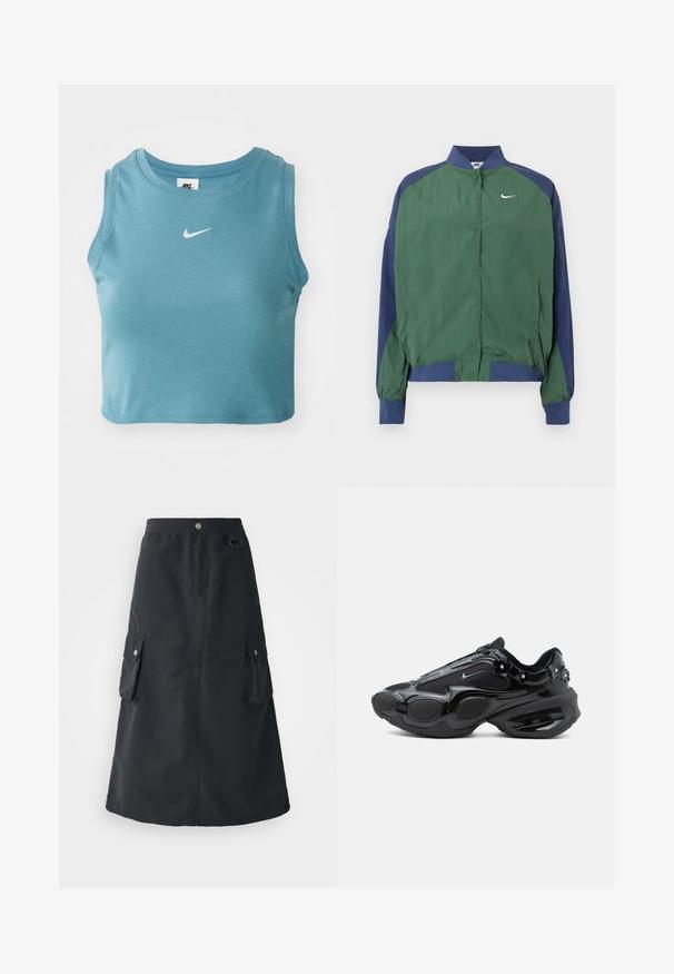 Roheline ja tumesinine tuulekindel jope kraega kaeluse, kinnitusega trukkide ja valge Nike logo rinnal. Kerge ja sileda tekstuuriga.; Lühikeste varrukateta kerge sinine ribakanga top, mille rinnaosa kaunistab valge Nike logo ja ümar kaelus.; Must mustriba mustete, mis on valmistatud kerged kangast, koos elastse vööde, kahe cargo tasku ja õrn sära.; Mustad vabaajajajalats läikivate ja võrgust paneelidega, ümardatud tallasegmentide ning väikeste lillekaunistustega kanna ja paelte lähedal.