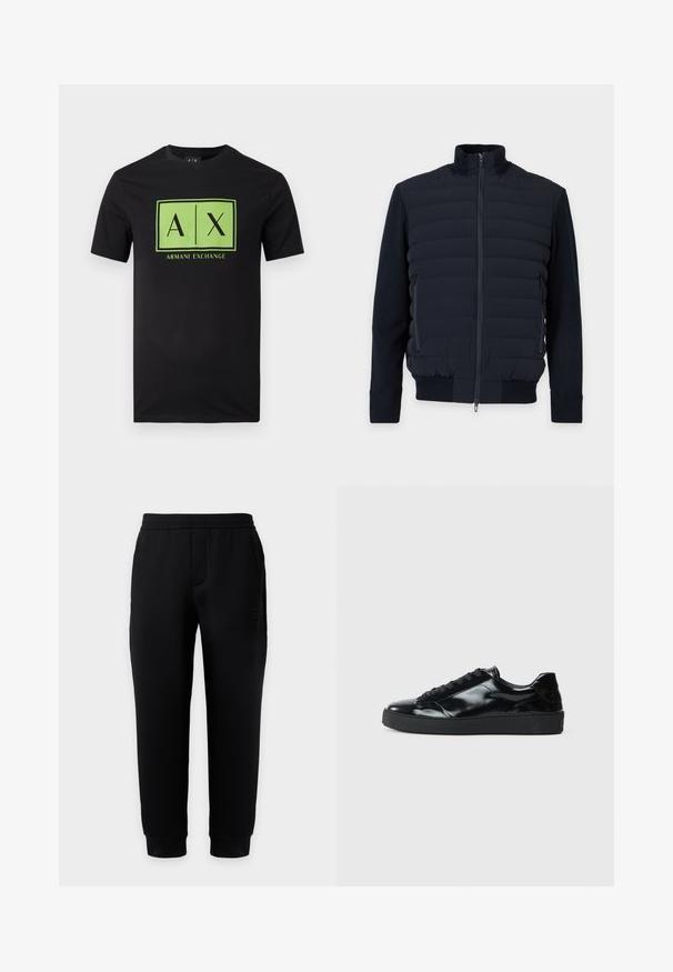 Veste matelassée bleu marine avec fermeture éclair frontale intégrale, col montant, manches longues, poches latérales zippées et poignets et ourlet côtelés.; T-shirt noir à manches courtes avec un logo rectangulaire vert comportant les textes "A|X" et "Armani Exchange" centrés sur le devant.; Pantalon de jogging noir ajusté avec taille et poignets élastiques, poches latérales et logo discret sur la cuisse droite sur fond uni.; Baskets en cuir verni noir avec un bout arrondi, un laçage, une semelle en caoutchouc texturé et une finition lisse.