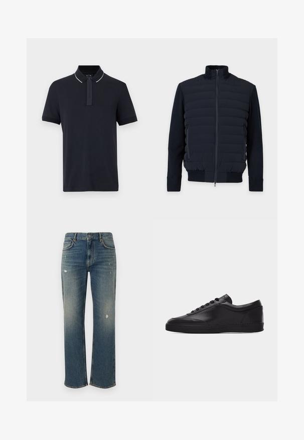 Veste matelassée bleu marine avec fermeture éclair frontale intégrale, col montant, manches longues, poches latérales zippées et poignets et ourlet côtelés.; Polo bleu marine à manches courtes avec bordure de col blanche et patte de boutonnage dissimulée, présenté sur un fond neutre.; Jeans en denim bleu moyen avec une coupe droite, présentant des décolorations légères et des patches usés. Design classique à cinq poches et fermeture par bouton supérieur.; Baskets basses en cuir noir avec lacets sur le devant et semelle en caoutchouc plate, vues de côté sur un fond blanc uni.