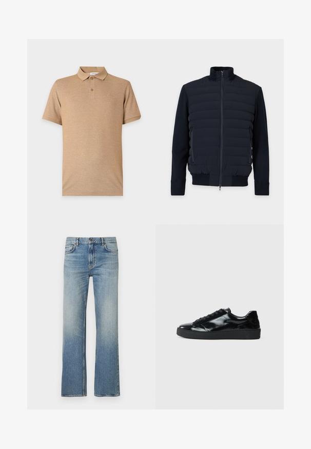 Veste matelassée bleu marine avec fermeture éclair frontale intégrale, col montant, manches longues, poches latérales zippées et poignets et ourlet côtelés.; Polo beige à manches courtes avec deux boutons et un logo brodé discret sur la poitrine gauche, présenté sur un fond uni.; Jean en denim bleu clair avec une coupe droite, présentant une finition délavée, un design classique à cinq poches et des coutures contrastées.; Baskets en cuir verni noir avec un bout arrondi, un laçage, une semelle en caoutchouc texturé et une finition lisse.