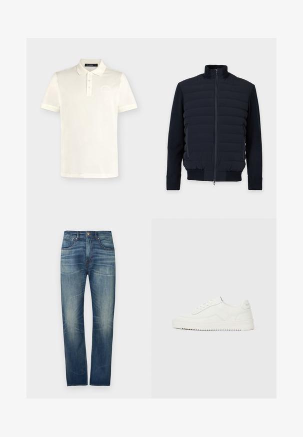 Veste matelassée bleu marine avec fermeture éclair frontale intégrale, col montant, manches longues, poches latérales zippées et poignets et ourlet côtelés.; Polo blanc à manches courtes avec trois boutons, col et logo subtil sur la poitrine gauche, présenté sur un fond uni.; Jean en denim bleu foncé à coupe droite, avec un léger délavage, cinq poches et une fermeture par bouton à la taille.; Baskets basses en cuir blanc avec fermeture à lacets, languette de talon texturée et semelle en caoutchouc blanc légèrement rainurée sur un fond clair uni.