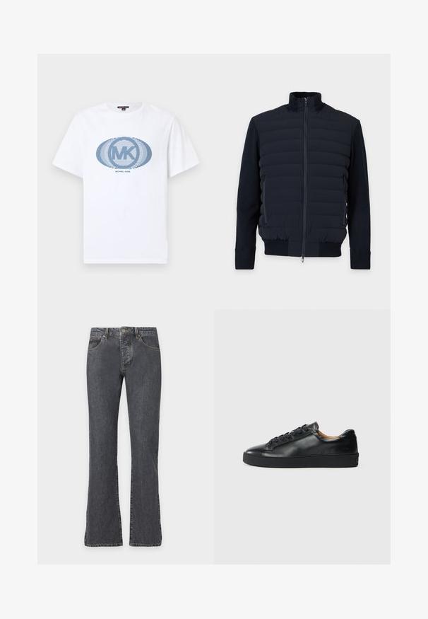 Veste matelassée bleu marine avec fermeture éclair frontale intégrale, col montant, manches longues, poches latérales zippées et poignets et ourlet côtelés.; T-shirt blanc à manches courtes avec logo ovale rayé bleu "MK" et texte "Michael Kors" centré sur le devant.; Jean en denim noir délavé avec fermeture par bouton et zip, poches avant, passants pour ceinture et jambes légèrement évasées.; Baskets en cuir noir avec une texture lisse, bout rond et fermeture à lacets. Comprend une semelle en caoutchouc épaisse et un minimum de détails de marque.