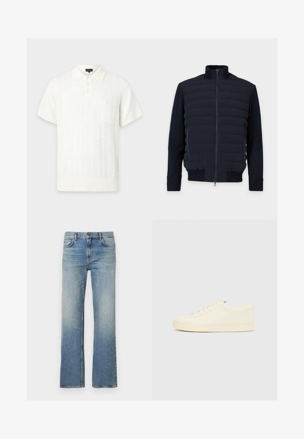 Veste matelassée bleu marine avec fermeture éclair frontale intégrale, col montant, manches longues, poches latérales zippées et poignets et ourlet côtelés.; Polo blanc à manches courtes avec motif en maille texturée, patte de boutonnage à trois boutons, col et poche poitrine boutonnée.; Jean en denim bleu clair avec une coupe droite, présentant une finition délavée, un design classique à cinq poches et des coutures contrastées.; Baskets couleur crème avec une tige en cuir lisse, bout arrondi, laçage à l'avant et semelle en caoutchouc texturée. Design minimaliste, sans logo.