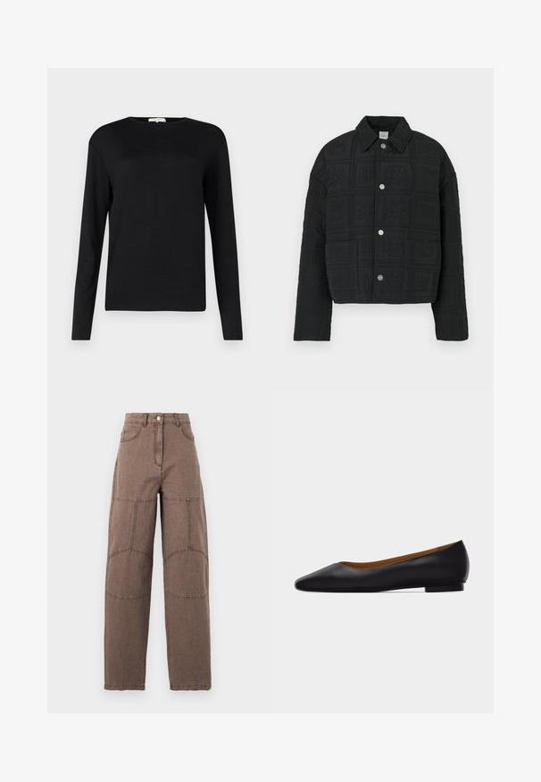 Veste noire matelassée avec un design court, des poches poitrine double, et des motifs embossés décoratifs, dotée de fermetures à boutons-pression argentés.; T-shirt noir à manches longues avec un col rond, fabriqué en tissu doux. Présente un design simple sans embellissements ni motifs.; Pantalon marron taille haute à jambes droites avec des patchs visibles aux genoux, fermeture à boutons sur le devant et poches avant, présenté sur un fond uni.; Chaussure plate en cuir noir à bout pointu avec talon bas et finition lisse, vue de côté sur un fond gris clair.