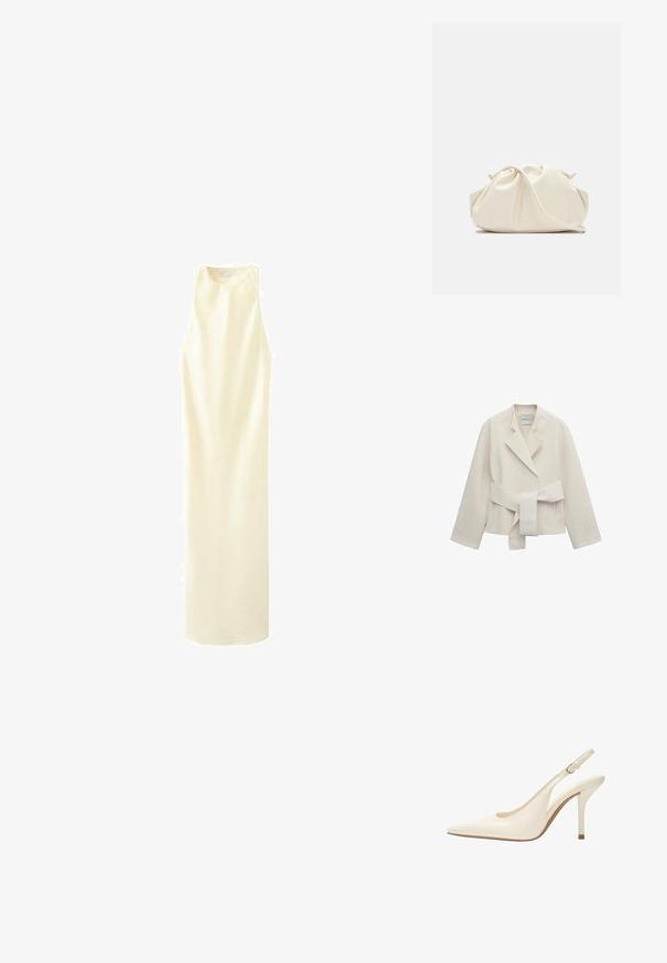 Blazer pour femmes couleur crème avec larges revers, manches longues et ceinture assortie en tissu nouée à la taille, présenté à plat sur un fond blanc.; Robe longue crème sans manches avec un col haut, une coupe droite et une texture de tissu lisse.; Chaussure à talon haut pointu couleur crème avec bride slingback fine et boucle dorée, vue latérale inclinée sur fond blanc.; Pochette en cuir souple couleur crème avec un design froncé et une fine bandoulière reposant à l’avant sur un fond uni.