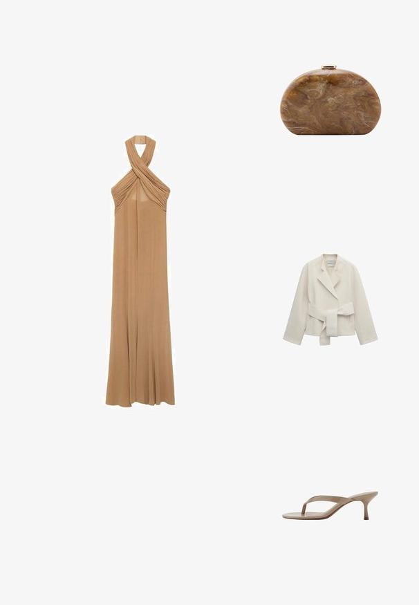 Crèmekleurig damesblazer met brede revers, lange mouwen en een bijpassende stoffen riem gestrikt in de taille, plat gelegd op een witte achtergrond.; Halterneck jurk in zacht beige stof, met geplooide details bij de halslijn en een vloeiende, lange ontwerp tot op de vloer.; Beige lakleren sandalen met hak, een spitse kittenhak en een smalle zool, zijaanzicht op een witte achtergrond.; Bruine marmeren ovale clutch met goudkleurige sluiting bovenaan tegen een witte achtergrond.