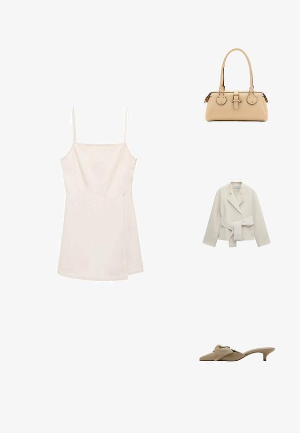 Crèmekleurig damesblazer met brede revers, lange mouwen en een bijpassende stoffen riem gestrikt in de taille, plat gelegd op een witte achtergrond.; Lichtbeige mouwloze top met dunne bandjes, met een eenvoudig recht ontwerp en een gladde, licht glanzende textuur. Geen patronen of accenten.; Beige mule met puntige neus, lage kittenhak en grote zachte strikdetail bovenop, ontworpen voor damesmode.; Beige leren handtas met dubbele handvatten, een voorste gesp verstelriem en afgeronde accenten aan beide zijden ter decoratie.