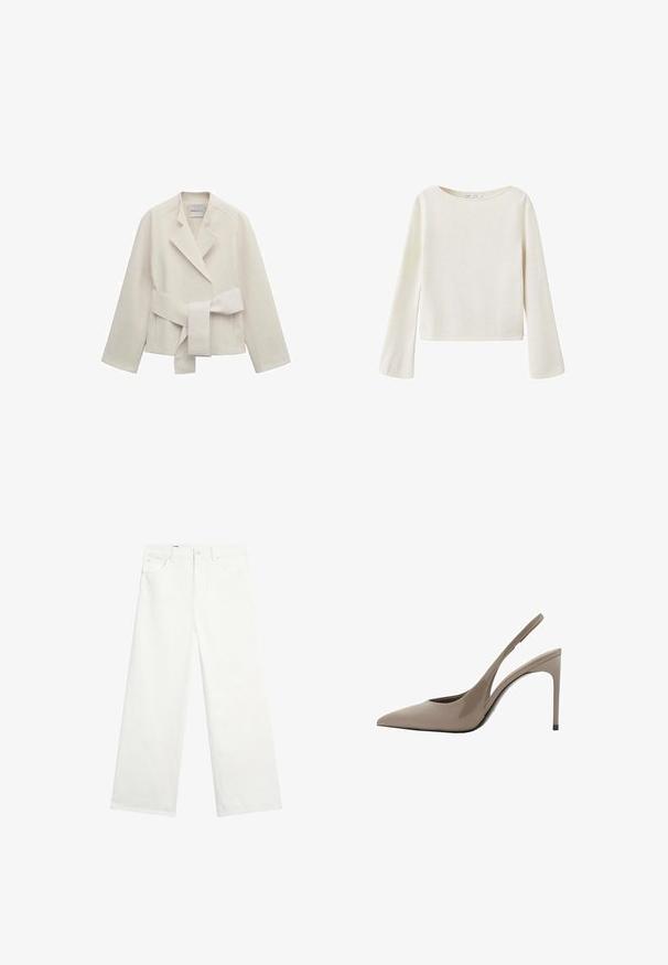 Cremefarbener Damenblazer mit breiten Revers, langen Ärmeln und einem passenden Stoffgürtel, der in der Taille gebunden ist, auf einem weißen Hintergrund flach ausgelegt.; Off-white Langarmpullover mit weitem Rundhalsausschnitt und leicht ausgestellten Ärmeln, aus weichem Strickstoff gefertigt.; Weiße Jeans mit weitem Bein, Frontknopf, Gürtelschlaufen und Seitentaschen, auf einem einfachen weißen Hintergrund präsentiert.; Beige Lackleder Slingback High Heels mit spitzem Schuh und elegantem Design, ausgestattet mit einem dünnen Absatz und einem Ausschnitt an der Seite.