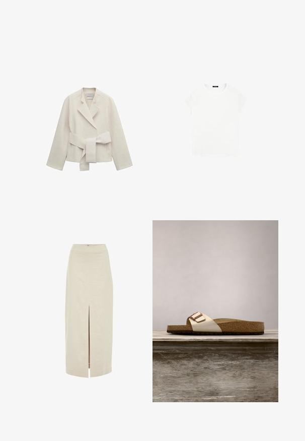 Cremefarbener Damenblazer mit breiten Revers, langen Ärmeln und einem passenden Stoffgürtel, der in der Taille gebunden ist, auf einem weißen Hintergrund flach ausgelegt.; Weißes Baumwoll-T-Shirt mit rundem Ausschnitt und kurzen Ärmeln. Einfaches Design, ohne Muster oder Akzente. Weiche, glatte Textur.; Helle beige Midi-Rock mit geradem Schnitt und einem mittigen vorderen Schlitz. Aus einem glatten Stoff mit einem verdeckten Reißverschluss auf der Rückseite gefertigt.; Slide-Sandale mit einem leichten metallischen Obermaterial, Korkfußbett und strukturiertem braunem Gummisohle. Schnalle mit Logo-Akzent.