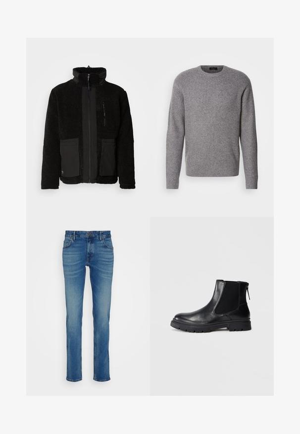 Sort fleecejakke med høj krave, frontlynlås og to store påsyede lommer. Har glatte tekstilaccenter på lynlåsen og lommerne.; Grå ribbet sweater lavet af blødt stof, med en rund halsudskæring og lange ærmer, samt en ensartet tekstur hele vejen igennem.; Blå denim jeans med lige pasform, fem lommer og en knappet talje med en let falmning og slidte detaljer.; Sort læderankelstøvle med en glat overflade, elastiske mesh-sider og en robust sål med synligt mønster.