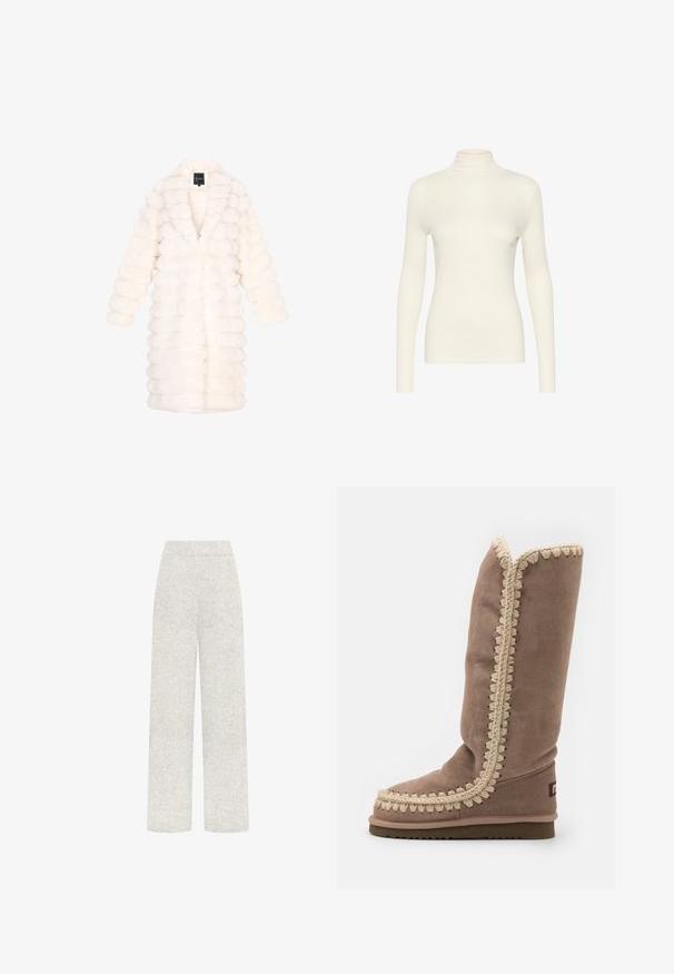 Hvid kunstpelsfrakke med et luksuriøst, rundt design. Har en dyb V-hals og lange ærmer, hvilket skaber en hyggelig, voluminøs silhuet.; Hvid langærmet turtleneck-top, lavet af glat stof med en tætsiddende form, der har en høj krave og et minimalistisk design.; Lysegrå bukser med høj talje og vide ben i tekstureret stof uden synlige lommer eller lukninger.; Høj brun ruskindsstøvle med intrikate beige syninger langs kanten, rund tå og flad sål. Enkel, strømlinet design.