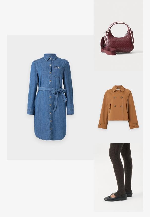 Chaqueta marrón corta de doble botonadura con cuello amplio, dos bolsillos con solapa y botón, y detalles de botones en los puños, exhibida sobre fondo blanco.; Vestido de camisa de denim con mangas largas, botones en el frente, bolsillo en el pecho y cinturón atado en la cintura en un lavado azul medio.; Piernas con leggings oscuros acanalados combinados con bailarinas negras que presentan pequeños detalles de lazo sobre un fondo blanco.; Bolso de mano de cuero tejido color granate con asa curva, ribete blanco, cremallera plateada y correa desmontable de tela ancha para el hombro sobre fondo liso.