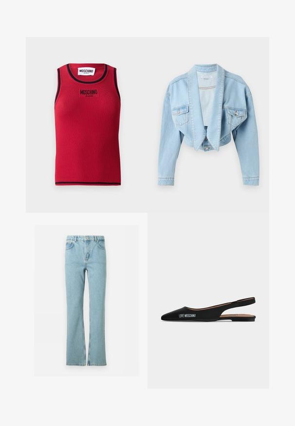 Lyseblå afkortet denimjakke med oversize slag, lukkede brystlommer med knapper og lange ærmer på en hvid baggrund.; Rød ribbet tanktop med sort trim, der har et logo "MOSCHINO JEANS" broderet på forsiden. Ærmeløs design, tætsiddende silhuet.; Lyseblå denimjeans med lige ben, foran knap, lynlås, bæltestropper og fem-lomme design mod en hvid baggrund.; Sort spids slingback flad sko med lav hæl og "LOVE MOSCHINO"-logo på siden mod en enkel lys baggrund.