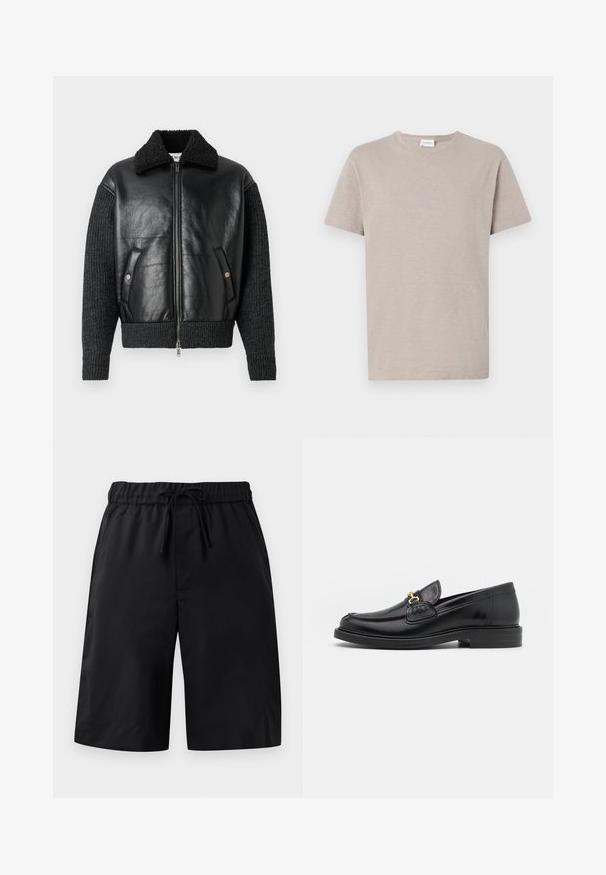 Iceberg GIUBBOTTO - Imitatieleren jas - nero; Licht beige t-shirt met korte mouwen in een zachte, textuurstof. Heeft een ronde hals en een subtiele logodetail nabij de zoom.; Zwarte shorts met een elastische tailleband en trekkoord. Kenmerkt zich door een gladde textuur en een losse pasvorm. Eenvoudig ontwerp zonder zakken of versieringen.; Zwarte leren instappers met een ronde neus, voorzien van een gouden hardware accent en stikdetails, geplaatst op een lage, getextureerde rubberen zool.
