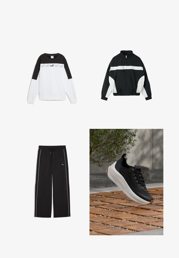 Veste coupe-vent zippée noir et blanc avec une bande blanche horizontale sur la poitrine et des panneaux blancs sur les manches. Poignets et ourlet élastiques.; Sweatshirt blanc avec un panneau supérieur noir, arborant un logo "PUMA" gris répété. Fabriqué en tissu doux avec des manches longues et un col rond.; Pantalon ample noir avec ceinture élastique et cordon de serrage, bandes blanches sur les côtés, poches avant, et petit logo Puma bleu sur la cuisse gauche.; Baskets noir et blanc avec une épaisse semelle blanche flottant au-dessus d’un sol en carreaux de bois à l’extérieur près d’une plante verte feuillue.