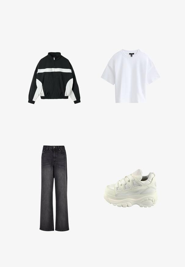 Sort og hvid vindjakke med lynlås, med en vandret hvid stribe over brystet og hvide paneler på ærmerne. Elastiske manchetter og kant.; Simpel hvid kortærmet crop top med rund halsudskæring og sort mærke indeni kraven.; Bredde ben sorte denim jeans med en glat tekstur, der har høj talje, forlommer og knaplukning.; Hvide sneakers med en kraftig sål, struktureret læder, snørebåndsdesign og vinklede udsparinger på siderne for åndbarhed og stil.