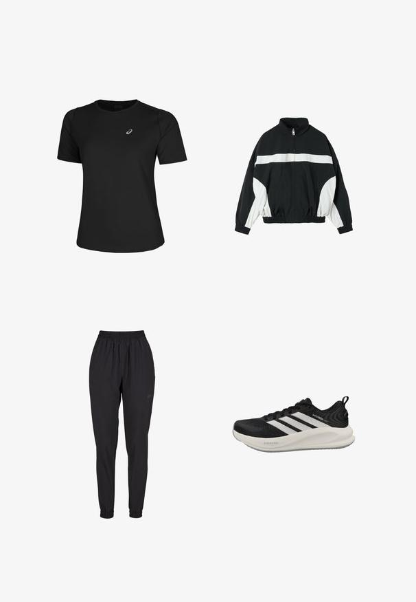 Schwarz-weiße Windjacke mit Reißverschluss, mit einem horizontalen weißen Streifen über der Brust und weißen Einsätzen an den Ärmeln. Elastische Bündchen und Saum.; Schwarzes Sport-T-Shirt aus glattem Material, mit Rundhalsausschnitt und kurzen Ärmeln. Es verfügt über ein reflektierendes Logo auf der linken Vorderseite.; Schwarze elastische Hosen mit gerafften Bündchen, geradem Bein Design, aus leichtem Material, mit einem dezenten Logo an der Seite.; Schwarz-weißer Adidas Supernova Laufschuh mit Mesh-Obermaterial, drei Streifen, gepolsterter Sohle mit der Aufschrift Dreamstrike und Fersenzuglasche.
