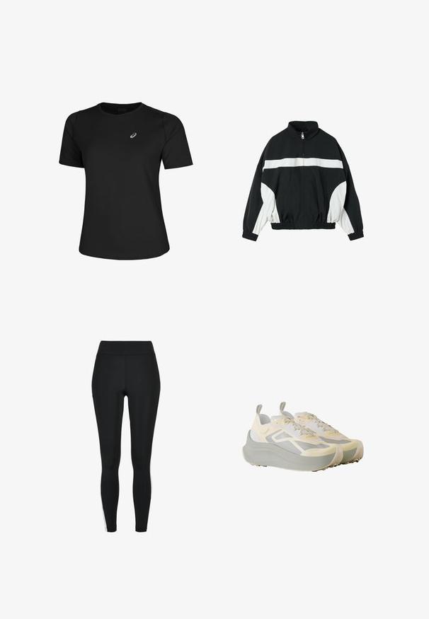 Sort og hvid vindjakke med lynlås, med en vandret hvid stribe over brystet og hvide paneler på ærmerne. Elastiske manchetter og kant.; Sort atletisk T-shirt lavet af glat stof, med rund halsudskæring og korte ærmer. Indeholder et reflekterende logo på venstre front.; Sorte leggings med høj talje, der har hvide striber på siderne, lavet af et strækbart stof for komfort og fleksibilitet.; Par beige og grå chunky sål atletik-sneakers med snørebånd foran og trækstropper på hvid baggrund.