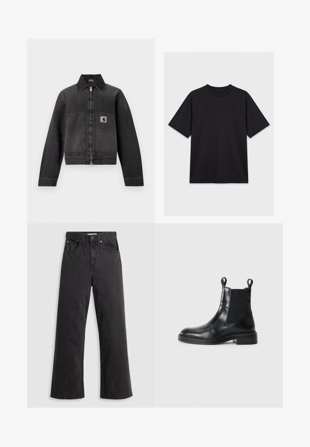 Veste de travail noire zippée avec col pointu, deux grandes poches avant et un écusson logo sur la poche gauche.; T-shirt noir à manches courtes et col rond, présenté à plat sur un fond blanc, vue de face sans logos ni motifs visibles.; Jeans larges en denim noir à taille haute, avec cinq poches et une fermeture à bouton en métal. Le tissu a une texture lisse et légèrement décolorée.; Bottine Chelsea noire en cuir avec panneaux élastiques sur les côtés et tirants, sur fond blanc, vue de côté.