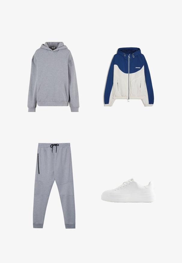 Blå og beige vindjakke med hætte og lynlås, elastiske manchetter og to lynlåslommer foran, med lille hvidt logo på brystet.; Lysegrå pullover hoodie med lange ærmer, for lomme foran og ribkant ved ærmerne på hvid baggrund.; Grå sweatpants lavet af blødt stof med snor i taljen, tætsiddende ben og en sidelomme med lynlås til sikker opbevaring.; Hvid lavtop sneaker med tyk sål, snørebånd foran og små ventilationshuller på siden, vist i profil.