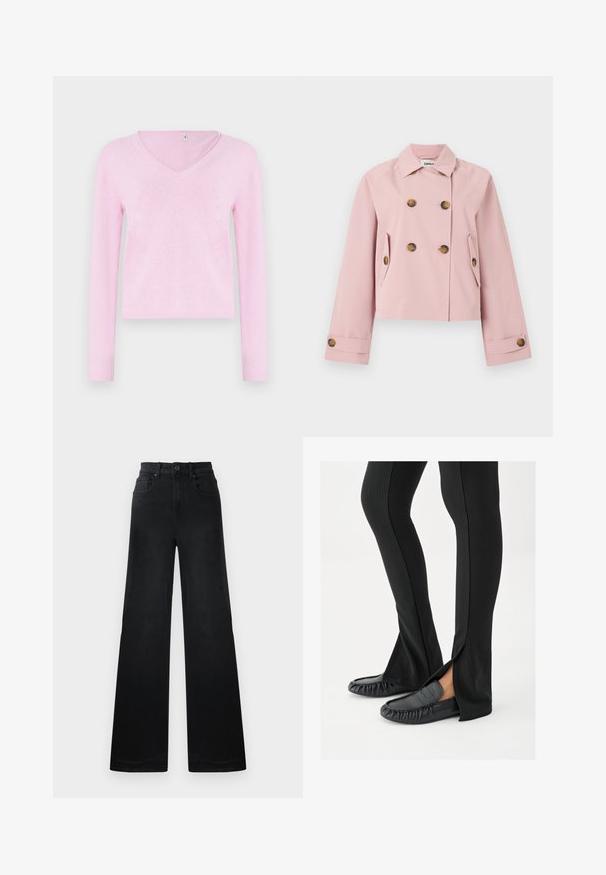 Veste courte rose à double boutonnage, avec des boutons ronds marron, deux poches latérales et un col.; Pull à manches longues en col V de couleur rose clair, doté d'une texture douce et d'une coupe courte. Aucun motif ou accessoire supplémentaire visible.; Pantalons en denim noir à jambes larges avec une taille ajustée, dotés de passants de ceinture, de poches avant et arrière, et d'une texture lisse.; Jambes portant un pantalon noir évasé avec des fentes latérales, associé à des mocassins en cuir noir, sur un fond blanc.