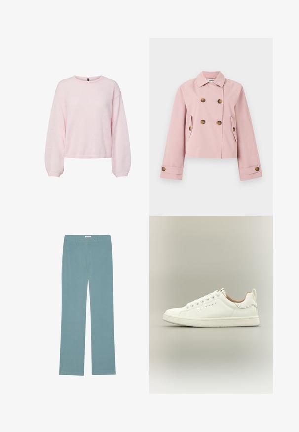 Chaqueta corta rosa con diseño de doble botonadura, que presenta botones redondos marrones, dos bolsillos laterales y cuello con solapa.; Suéter de punto rosa claro con mangas largas abullonadas, puños acanalados, cuello redondo y dobladillo ligeramente corto.; Pantalones rectos de color azul claro, confeccionados en una tela suave, con frontal plano, bolsillos laterales y una cinturilla ajustada.; Zapatilla blanca de corte bajo con cordones, detalles laterales perforados y una lengüeta en el talón, sobre un fondo neutro.