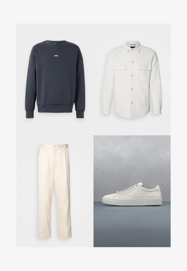 Weißes Hemd-Jackett aus weichem Stoff, mit zwei Fronttaschen, einer Knopfverschluss mit hellen Knöpfen und einem klassischen Kragen.; Navyblaues Sweatshirt aus weichem Stoff, mit Rundhalsausschnitt, langen Ärmeln und einem kleinen weißen "BOSS"-Logo auf der Brust.; Beige Baumwollhose mit geradem Bein, ausgestattet mit einem Knopfverschluss und Falten an der Vorderseite für zusätzliche Details.; Weißes Leder-Sneaker mit abgerundetem Zehenbereich, minimalistisches Design, graue Schnürsenkel und einer strukturierten grauen Gummisohle. Dezente Nähte sichtbar.