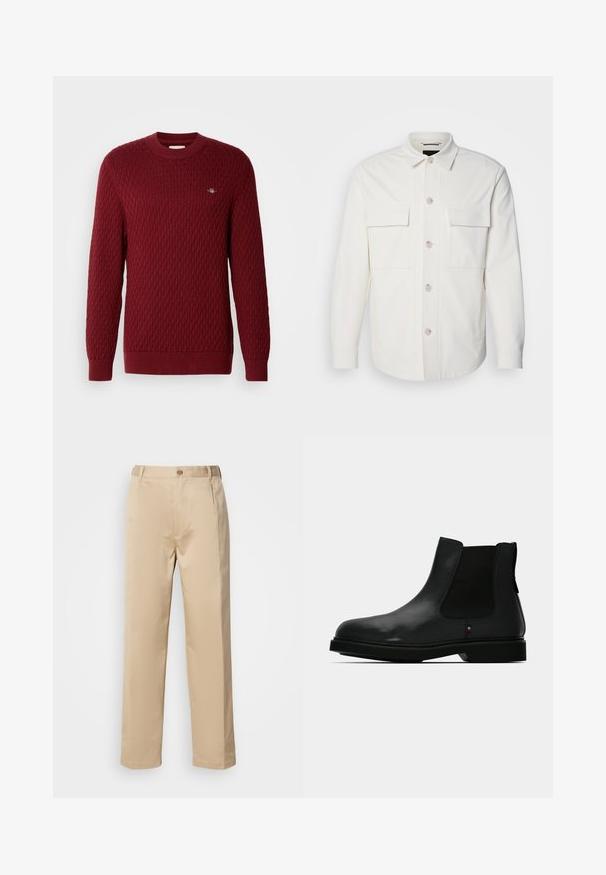 Veste blanche en tissu doux, dotée de deux poches avant, d'une fermeture à boutons avec des boutons de couleur claire et d'un col classique.; Pull en tricot bordeaux avec un motif en losange, col rond, manches longues et poignets côtelés. Petit détail de logo à l'avant. Texture douce.; Pantalons beiges en tissu léger, avec une coupe droite, une taille avec passants de ceinture et une fermeture à bouton sur le devant.; Botte Chelsea noire en cuir avec des panneaux latéraux élastiques, un bout rond et une tige texturée. Elle est dotée d'une semelle en caoutchouc plate et d'un détail de branding subtil.