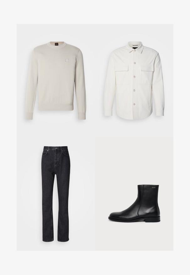Witte shirtjas van zacht materiaal, met twee voorzakken, een knoopsluiting met lichte knopen en een klassieke kraag.; Lichtbeige gebreide trui met lange mouwen, ronde halslijn, geribbelde onderkant en manchetten, voorzien van een klein rechthoekig logo op de borst.; Hoge taille zwarte denim jeans met een knoop- en ritssluiting, voor- en achterzakken en een rechte pasvorm.; Zwarte leren enkellaars met lage hak, zijstiksels en klein "HUGO" logo op de bovenste boord tegen een effen achtergrond.