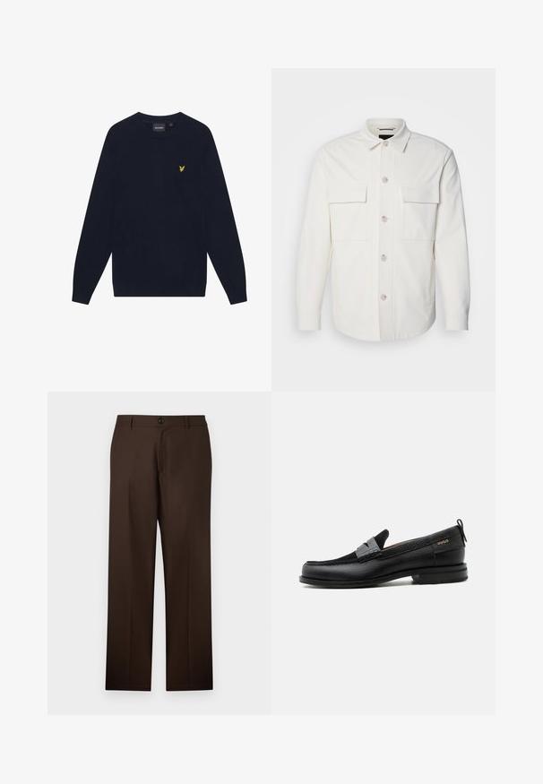 Hvid skjortejakke lavet af blødt stof, med to forlommer, en knaplukning med lyse knapper og en klassisk krave.; Mørkeblå langærmet crew neck sweater med et lille gult broderet ørnelogo på venstre bryst.; Brune, skræddersyede bukser med lige ben-design, knaplukning og glat stoftekstur. Ingen synlige mønstre eller accenter.; Sort læderloafer med grå remdetalje, lav hæl og tekstureret sål, mærket med "HUGO" i guld på siden.