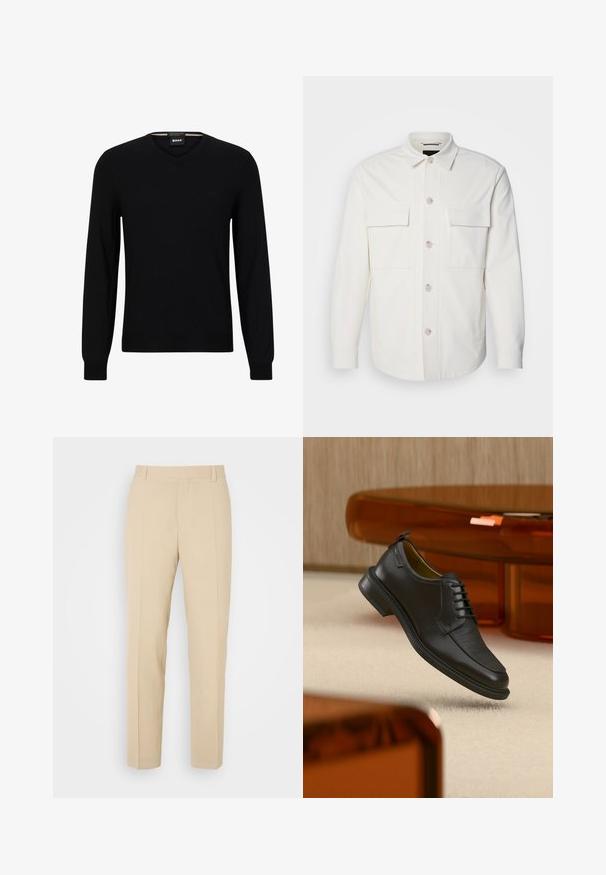 Witte shirtjas van zacht materiaal, met twee voorzakken, een knoopsluiting met lichte knopen en een klassieke kraag.; Zwarte gebreide trui met lange mouwen en een V-hals. Heeft een subtiele logo op de voorkant en geribde manchetten en boord. Glad textuur.; Beige op maat gemaakte broek met een recht gesneden ontwerp, gemaakt van lichtgewicht stof, met twee voorzakken en nette, geplooide vouwen.; Zwarte leren veterschoen in de stijl van een nette schoen met een gestructureerd vooraanzicht, zwevend boven een beige tapijt in een moderne kamer met amberkleurige meubelen.