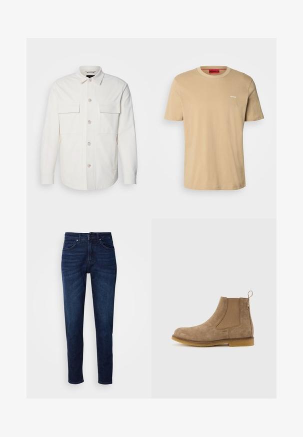 Weißes Hemd-Jackett aus weichem Stoff, mit zwei Fronttaschen, einer Knopfverschluss mit hellen Knöpfen und einem klassischen Kragen.; Beige Baumwoll-T-Shirt mit Rundhalsausschnitt, kurzen Ärmeln und einem kleinen weißen "HUGO"-Logo auf der Brust. Glatte Textur ohne Muster.; Dunkelblaue Jeans aus Denim mit geradem Bein, ausgestattet mit Taschen und einem Knopfverschluss an der Taille. Weiche Textur, minimale Ausbleichungen.; Hellbrauner Chelsea-Stiefel aus Wildleder mit elastischen Seitenpaneelen, Zuglasche an der Ferse und Gummisohle.