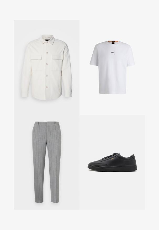 Veste blanche en tissu doux, dotée de deux poches avant, d'une fermeture à boutons avec des boutons de couleur claire et d'un col classique.; T-shirt en coton blanc à manches courtes, avec un logo noir "BOSS" centré sur la poitrine et un design à col rond.; Pantalon gris à fines rayures avec une coupe ajustée, devant plat et poches latérales. Confectionné dans un tissu lisse avec un léger éclat.; Baskets en cuir noir avec une texture lisse, bout rond, semelle en caoutchouc plate et lacets ton sur ton. Présente une marque "BOSS" dorée sur le côté.