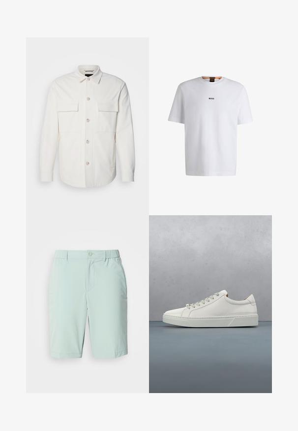 Veste blanche en tissu doux, dotée de deux poches avant, d'une fermeture à boutons avec des boutons de couleur claire et d'un col classique.; T-shirt en coton blanc à manches courtes, avec un logo noir "BOSS" centré sur la poitrine et un design à col rond.; Shorts bleu clair en tissu lisse, dotés d'une fermeture à bouton, de poches avant et d'une ceinture confortable sans motifs visibles.; Baskets en cuir blanc avec un bout arrondi, design minimaliste, lacets gris et semelle en caoutchouc gris texturé. Détails de couture subtils visibles.