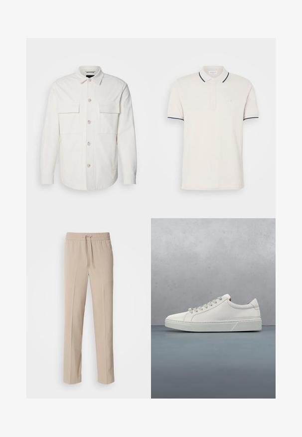 Hvid skjortejakke lavet af blødt stof, med to forlommer, en knaplukning med lyse knapper og en klassisk krave.; Creme polo shirt med en tre-knap lukning, korte ærmer og marineblå krave- og ærmeaksenter. Blødt bomuldsblandingsstof.; Beige, afslappede bukser lavet af blødt materiale, med elastisk talje og snøre samt lige ben med minimale detaljer.; Hvid lædersneaker med rund tå, minimalistisk design, grå snørebånd og en tekstureret grå gummisål. Subtile syningsdetaljer er synlige.