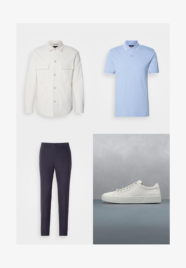 Chaqueta blanca de camisa hecha de una tela suave, con dos bolsillos frontales, un cierre de botón con botones de color claro y un cuello clásico.; Camisa polo de color azul claro hecha de algodón. Presenta un cierre de tres botóns, cuello acanalado y detalles blancos en las mangas. Parche de logo en el pecho.; Pantalones azul marino con corte recto, hechos de una tela suave. Presentan un cierre de botón, bolsillos laterales y un diseño frontal plano.; Zapatilla blanca de cuero con punta redondeada, diseño minimalista, cordones grises y suela de goma texturizada gris. Detalles de costura sutiles visibles.