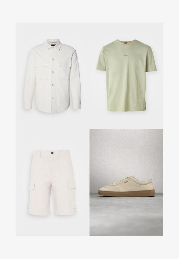 Weißes Hemd-Jackett aus weichem Stoff, mit zwei Fronttaschen, einer Knopfverschluss mit hellen Knöpfen und einem klassischen Kragen.; Olivgrünes T-Shirt mit kurzen Ärmeln aus weichem Stoff, mit rundem Ausschnitt und einem kleinen "BOSS"-Logo auf der Vorderseite.; Beige Cargo-Shorts aus leichtem Stoff, mit zwei seitlichen Taschen und umgeschlagenem Saum. Knopfverschluss an der Taille.; Hellbeiger Wildledersneaker mit Gummisohle, auffälligen Schnürsenkeln und dezenten Nahtdetails. Sauberes Design mit minimalistischem Ästhetik.