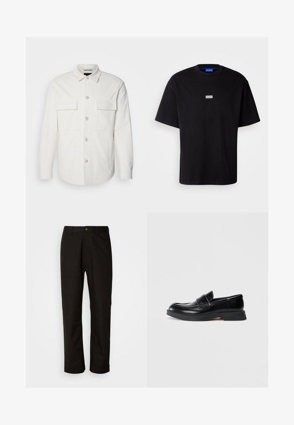 Hvid skjortejakke lavet af blødt stof, med to forlommer, en knaplukning med lyse knapper og en klassisk krave.; Sort bomulds t-shirt med rund hals, korte ærmer og et hvidt rektangulært "HUGO" logo på brystet. Glat overflade, afslappet pasform.; Sorte bomuldsbukser med lige pasform, bæltestropper, lynlås foran og en enkelt knappelukning. Glat tekstur uden synlige mønstre.; Sorte læder loafers med en glat finish, der har en hævet frontpanel og en kontrasterende rød detalje på sålen. Flad gummisål.