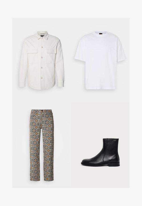Witte shirtjas van zacht materiaal, met twee voorzakken, een knoopsluiting met lichte knopen en een klassieke kraag.; Witte katoenen T-shirt met ronde hals, korte mouwen en een ontspannen pasvorm. Heeft textuur op de schoudernaden voor extra detail.; Bloemmotief broeken in beige, zwart en oranje. Gemaakt van lichtgewicht stof, met een rechte snit en een knoopsluiting.; Zwarte leren enkellaars met lage hak, zijstiksels en klein "HUGO" logo op de bovenste boord tegen een effen achtergrond.