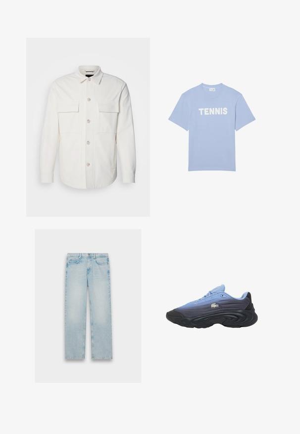 Witte shirtjas van zacht materiaal, met twee voorzakken, een knoopsluiting met lichte knopen en een klassieke kraag.; Lichtblauw T-shirt met korte mouwen en witte "TENNIS" tekst over de borst, met een ronde hals en een klein merkje aan de binnenkant van de kraag.; Lichtblauwe denim jeans met een recht model, vijf zakken en een vervaagde afwerking. Metaalbeslag en gestikte details zijn zichtbaar.; Lichtblauwe en donkergrijze sportschoen met dikke, gevormde zool en Lacoste krokodillenlogo aan de zijkant.