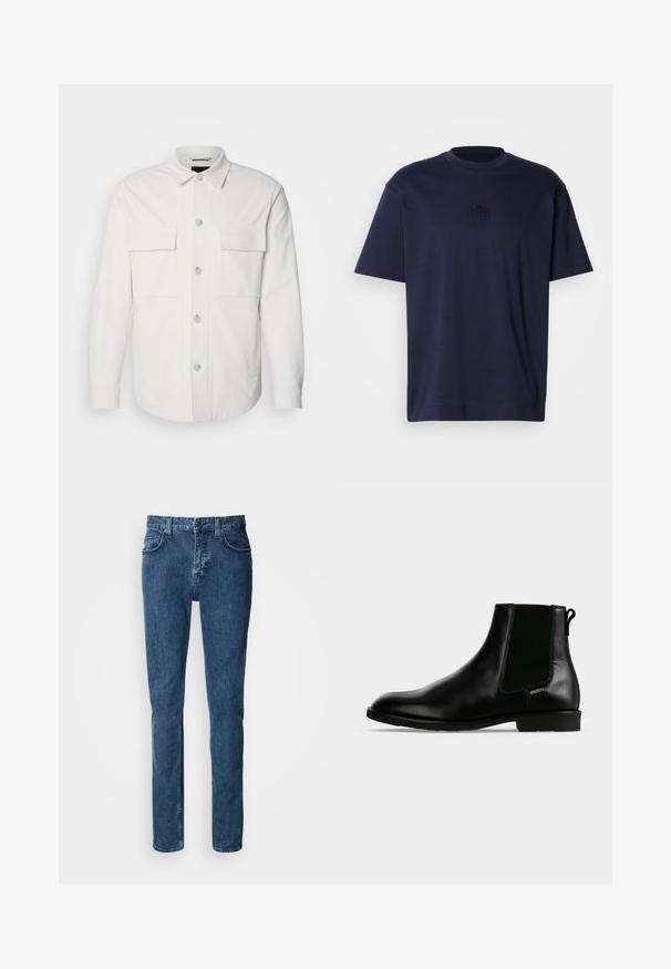Witte shirtjas van zacht materiaal, met twee voorzakken, een knoopsluiting met lichte knopen en een klassieke kraag.; Marineblauwe t-shirt met korte mouwen van katoen. Voorzien van een ronde hals en een reliëflogo op de borst. Gladde textuur, relaxte pasvorm.; Donkerblauwe denim jeans met een recht pijpdesign, voorzien van zijzakken, een ritssluiting en subtiele stikseldetails.; Zwarte leren enkellaars met elastische zijpaneel, lage hak, trek lus aan de achterkant en klein gouden "HUGO" logo aan de buitenkant.