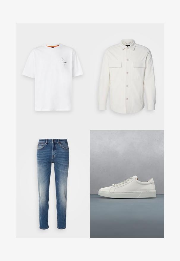 Witte shirtjas van zacht materiaal, met twee voorzakken, een knoopsluiting met lichte knopen en een klassieke kraag.; Witte katoenen T-shirt met korte mouwen, ronde halslijn, met een klein zwart logo op de linkerborst en een oranje accent aan de binnenkant van de kraag.; Blauwe denim jeans met een recht model, lichte vervaging, klassieke vijf-pocketstijl en een ritssluiting met knoopsluiting.; Witte leren sneaker met een ronde neus, minimalistisch ontwerp, grijze veters en een gestructureerde grijze rubberen zool. Fijne stikdetails zichtbaar.