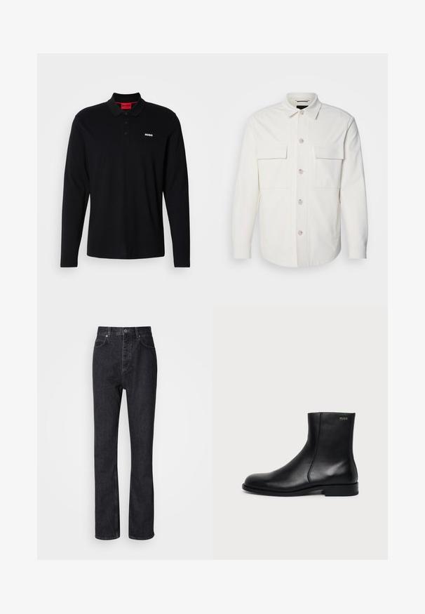 Weißes Hemd-Jackett aus weichem Stoff, mit zwei Fronttaschen, einer Knopfverschluss mit hellen Knöpfen und einem klassischen Kragen.; Schwarzes Longsleeve-Polohemd aus Baumwolle mit rotem Kragen und Drei-Knopf-Leiste, ausgestattet mit einem weißen "HUGO"-Logo auf der Brust.; Hochtaillierte schwarze Jeans aus Denim mit Knopf- und Reißverschluss, Vorder- und Hintertaschen sowie einer geraden Passform.; Schwarzer Leder-Knöchelstiefel mit niedrigem Absatz, seitlicher Naht und kleinem "HUGO" Logo am oberen Schaft vor einfarbigem Hintergrund.