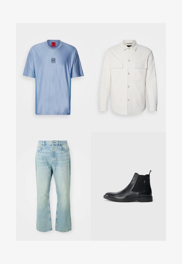 Weißes Hemd-Jackett aus weichem Stoff, mit zwei Fronttaschen, einer Knopfverschluss mit hellen Knöpfen und einem klassischen Kragen.; Helles blaues Sport-T-Shirt mit strukturiertem Muster, Rundhalsausschnitt, kontrastierenden blauen Seiteneinsätzen und grauem Logo auf der Brust.; Hellblaue, ausgestellte Jean mit hoher Taille, ausgestattet mit fünf Taschen, Gürtelschlaufen und einem ausgewaschenen Denim-Look.; Schwarze Leder Chelsea-Boots mit elastischen seitlichen Einsätzen, einer Zugschlaufe und einer flachen Gummisohle. Glatte Textur mit minimaler Ausgestaltung.