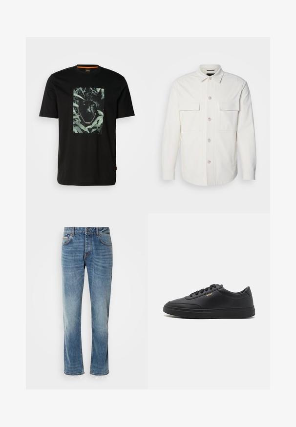 Chaqueta blanca de camisa hecha de una tela suave, con dos bolsillos frontales, un cierre de botón con botones de color claro y un cuello clásico.; Camiseta de algodón negra con un gráfico central de un pantera rodeada de hojas, con un cuello de cadena y el texto "BOSS". Mangas cortas.; Jeans de denim azul claro con piernas rectas, cinco bolsillos, costuras en contraste y un acabado desgastado. Cuenta con un cierre de botón y cremallera.; Zapatillas de cuero negro con una textura suave, punta redondeada, suela plana de goma y cordones a tono. Presentan el logotipo dorado "BOSS" en el lateral.
