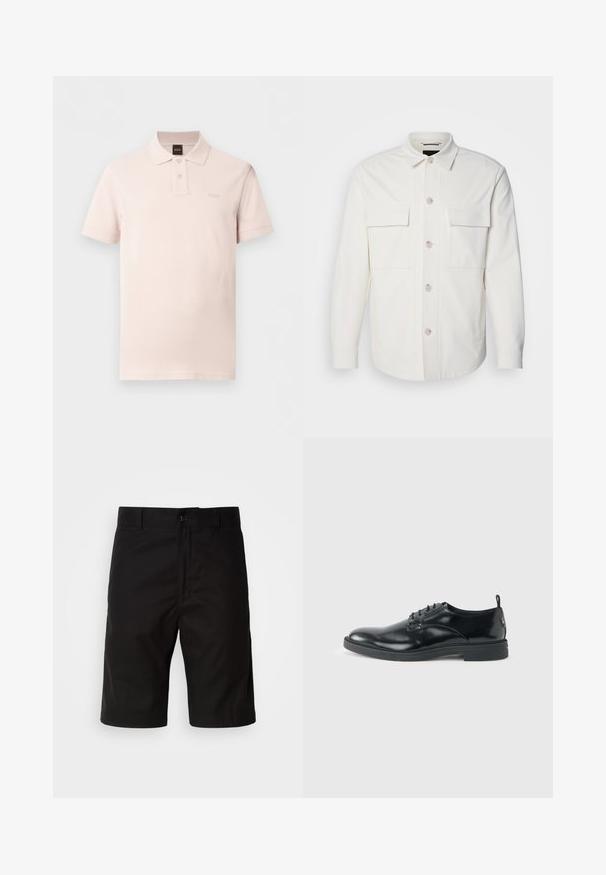Veste blanche en tissu doux, dotée de deux poches avant, d'une fermeture à boutons avec des boutons de couleur claire et d'un col classique.; Polo rose clair à manches courtes avec deux boutons, un col et un logo "BOSS" discret sur la poitrine gauche.; Shorts noirs en tissu uni, avec une coupe droite, fermeture à bouton et une texture lisse sans motifs visibles.; Chaussure habillée en cuir noir brillant avec un petit talon, fermeture à lacets et bout rond, vue de côté sur un fond uni et clair.